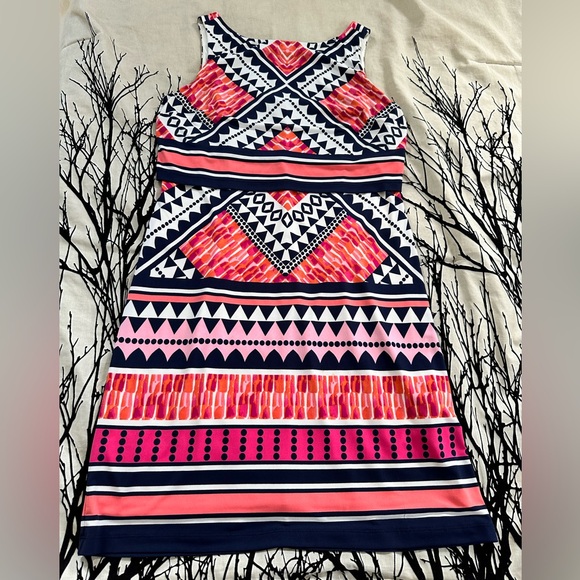 Eliza J popover shift dress, pink navy geo pattern, sz 8, EUC - Picture 5 of 14